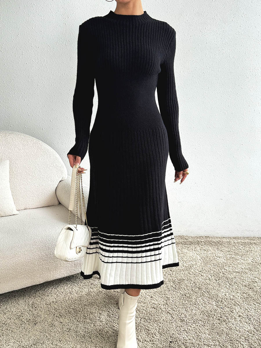 Women's Clothing sweater dress black and white striped pleated skirt sweater dress long skirt_voghion.com