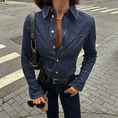秋冬新款法式复古蓝色分割型衬衫女叠穿内搭翻领宽松排扣上衣外套