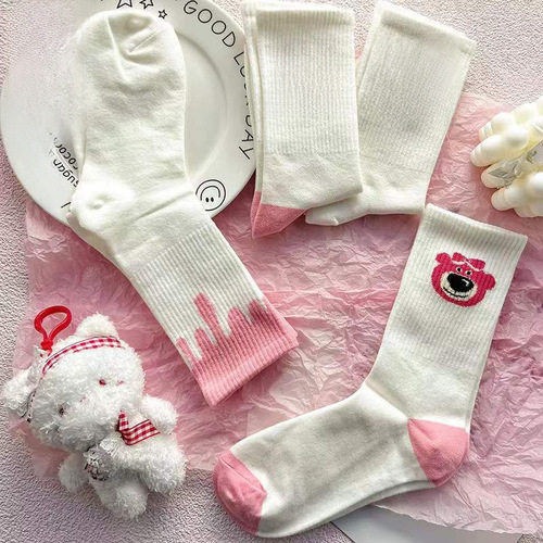 Pink Socks for Girls, Korean Version Mid-Calf, Instagram Trendy, Versatile, Academic Style, Cute, Japanese Cartoon Style, Autumn and Winter Student Socks