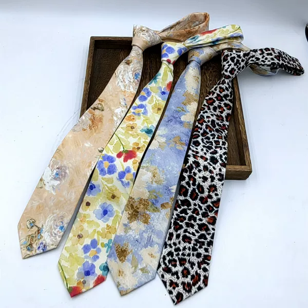 Vintage-Style Printed Tie for Men, Korean Version, Casual Versatile Cotton-Linen Artistic Fresh Narrow Tie for Women, Wedding Pocket Square Set