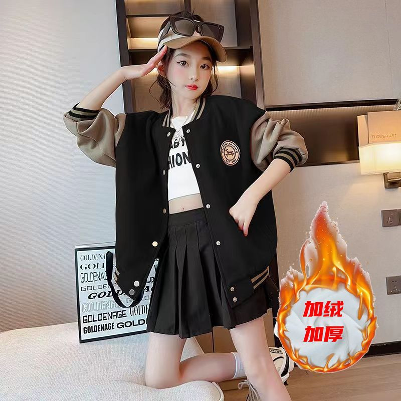 Chaqueta para niñas modelos de otoño e invierno 2024 nuevos uniformes de béisbol de invierno para niños, niñas grandes más chaqueta gruesa de terciopelo, de moda