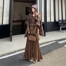 复古格纹连帽斗篷大衣外套长袖内连衣裙女秋季新款时尚套装潮韩版