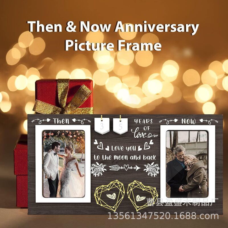 In-Stock Couple Photo Frame Ornament, Wooden Wedding Display Frame, Bedroom Desktop Memory Frame, Vertical Wire-Wrapped Photo Frame Stand