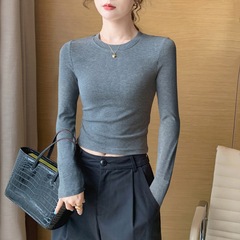 灰色短款打底衫女秋冬季内搭可外穿 2025新款针织洋气修身t恤上衣