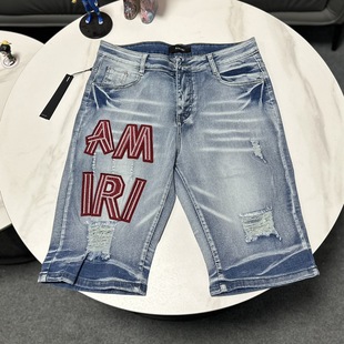 2025 Spring/Summer New A@Mi Embroidered Patch Leather Distressed Letter Slim Fit Denim Shorts Unisex One Piece Wholesale