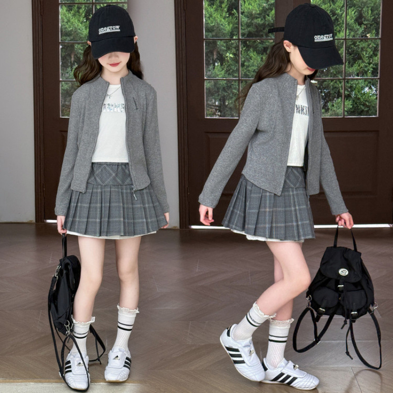 女童套装春秋2025新款中大童长袖开衫上衣韩版格子短裙两件套洋气|undefined