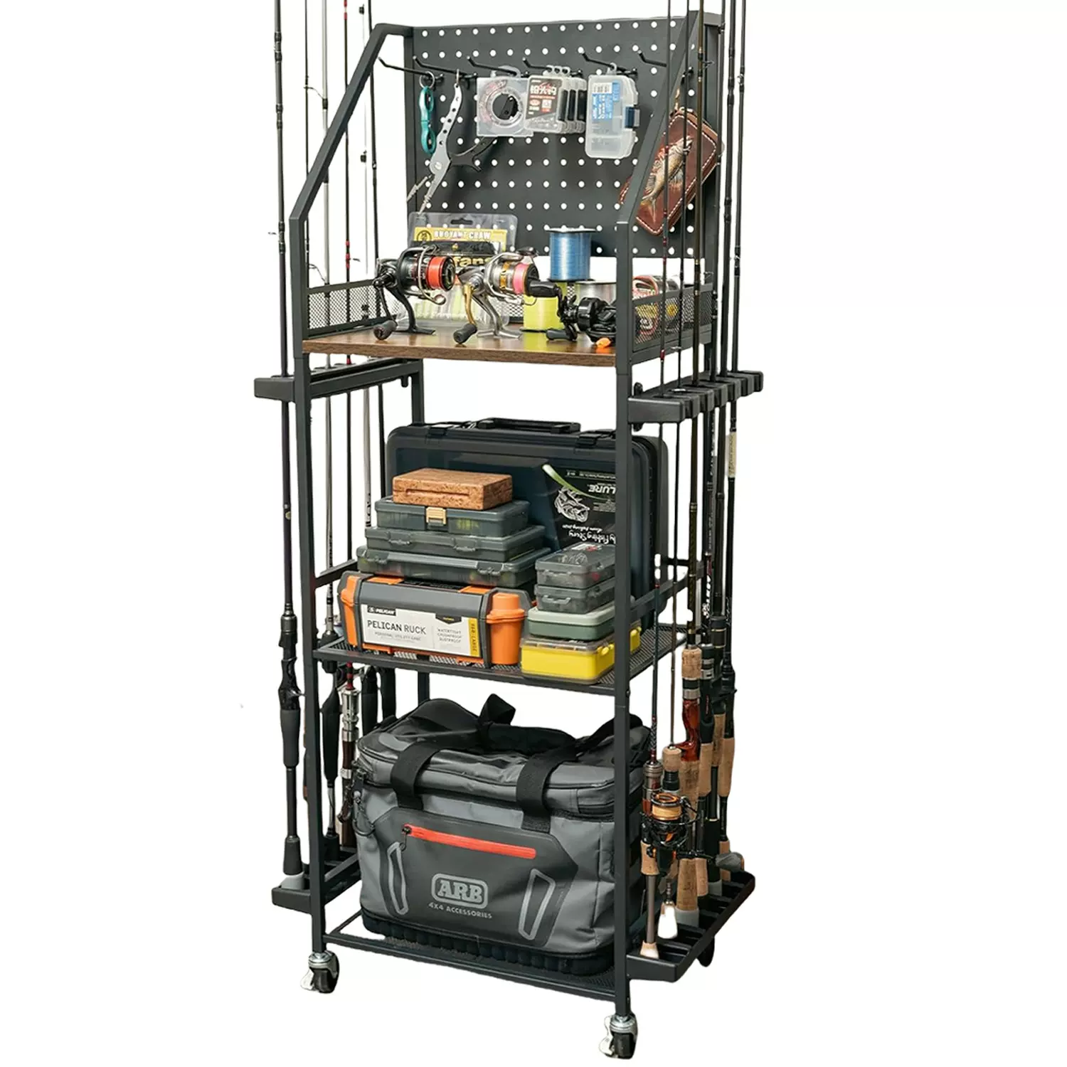 亚马逊多功能钓鱼竿收纳架多层储物架工具钓具箱卷轴存储的钓鱼车