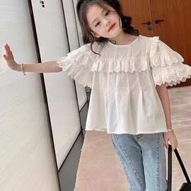 女童白色娃娃衫夏装2023新款儿童女宝宝短款蕾丝上衣洋气可爱女孩