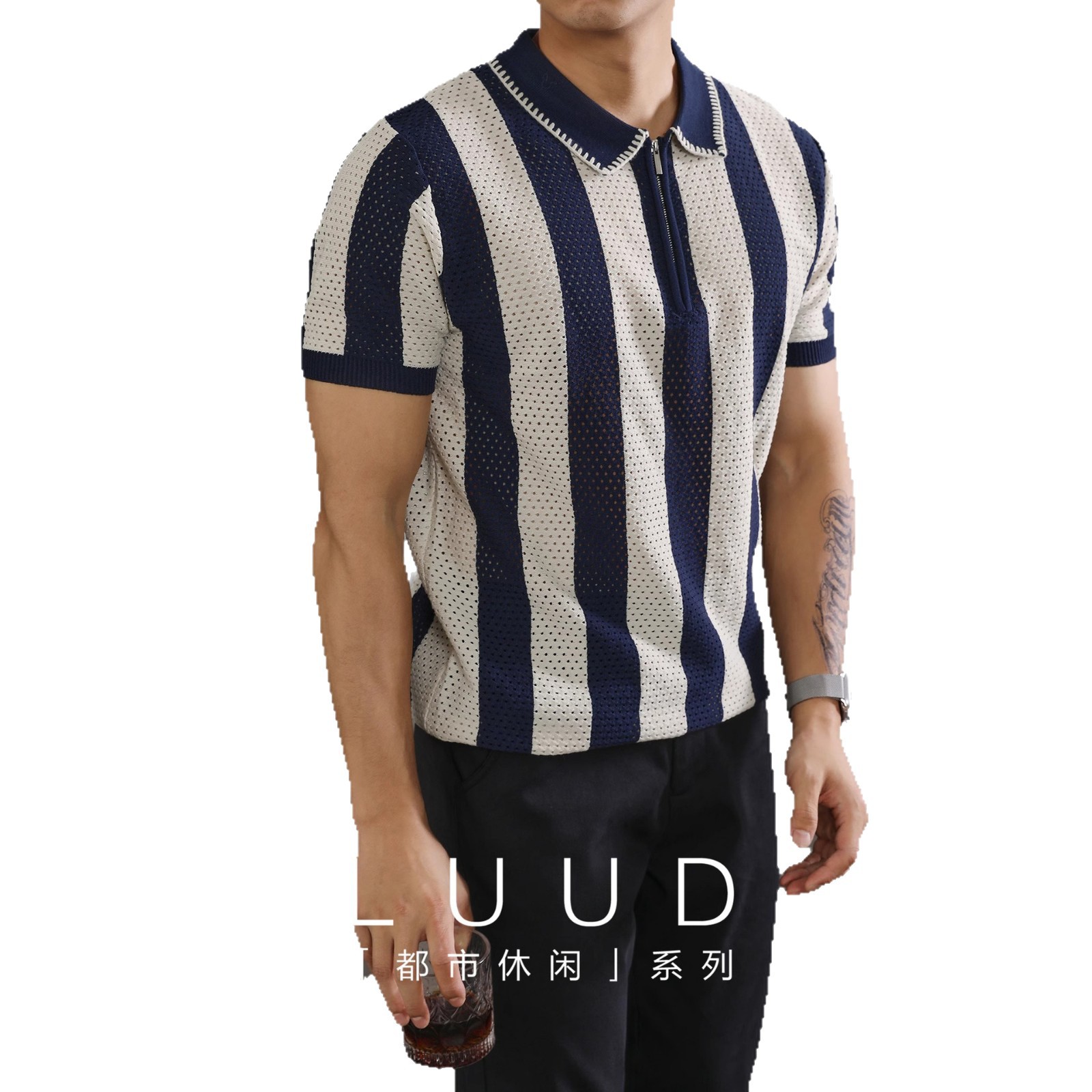 POLO camisa solapa suéter de manga corta hombres rayas huecas media cremallera negocios británicos verano comercio exterior transfronterizo al por mayor