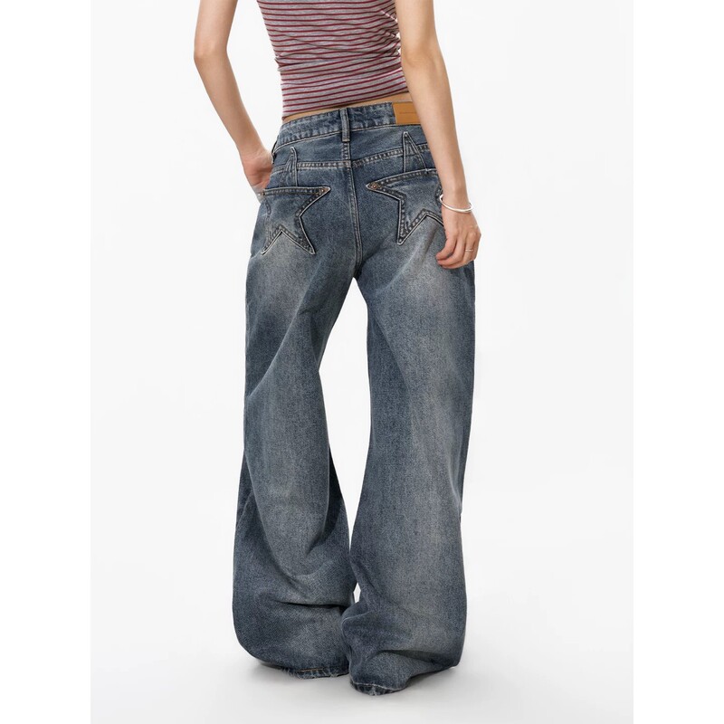 Star Pocket Low-Waist Straight Wide-Leg Jeans Unisex New American Style Washed Retro Casual Loose Long Pants Trendy Star Pocket Low-Waist Straight Wide-Leg Jeans Unisex New American Style Washed Retro Casual Loose Long Pants Trendy