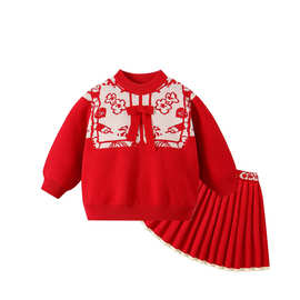 新款中国风女童套装女宝毛衣2件套春款儿童红色毛衣套装现货批发