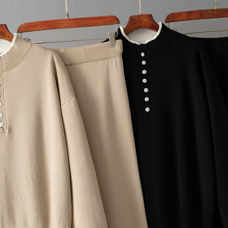 Damen Strick Zweiteiler Set Mit Lockerem Pullover Und Weiter Hose_voghion.com