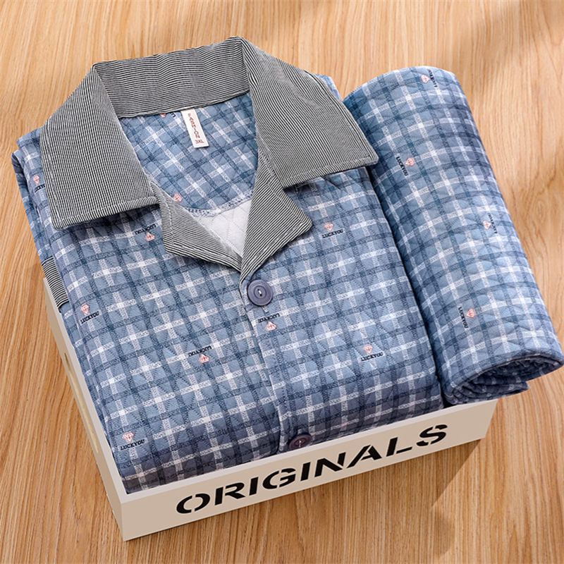 Middle-Aged and Elderly Men's Large Size Pajamas Autumn and Winter Cardigan Thickeneded Sandwich Long-Sleeved Air Cotton Plus Fat Home Clothes