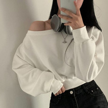 chic气质性感纯欲一字领露肩短款卫衣女宽松百搭长袖纯色卫衣女潮