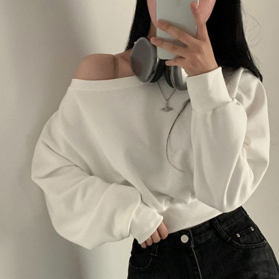 Chic Elegant Sexy Pure Desire Off-shoulder Short Sweater Women's Loose All-match Long-sleeved Solid Color Sweater Women's Trendy