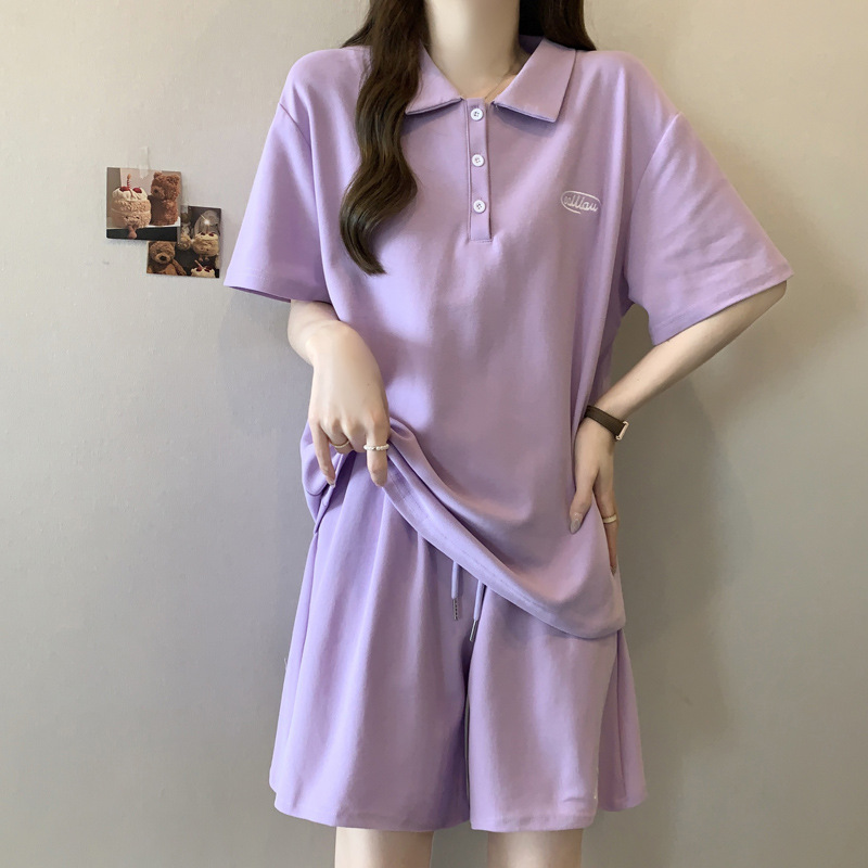 Foreign Trade Real Shot plus size Casual Sports Embroidered suit Women's Summer Loose Korean Short-sleeved T-shirt Wide-leg Shorts Two