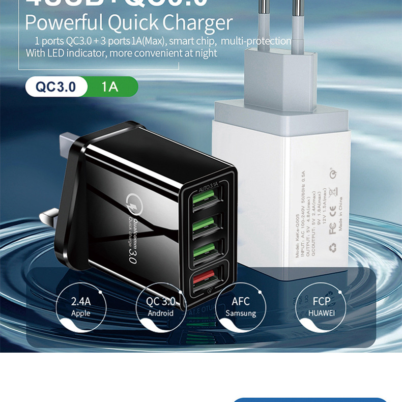 QC3.0 4USB fast mobile phone charger 4.1A multi port American European British standard travel adapter charging head_voghion.com