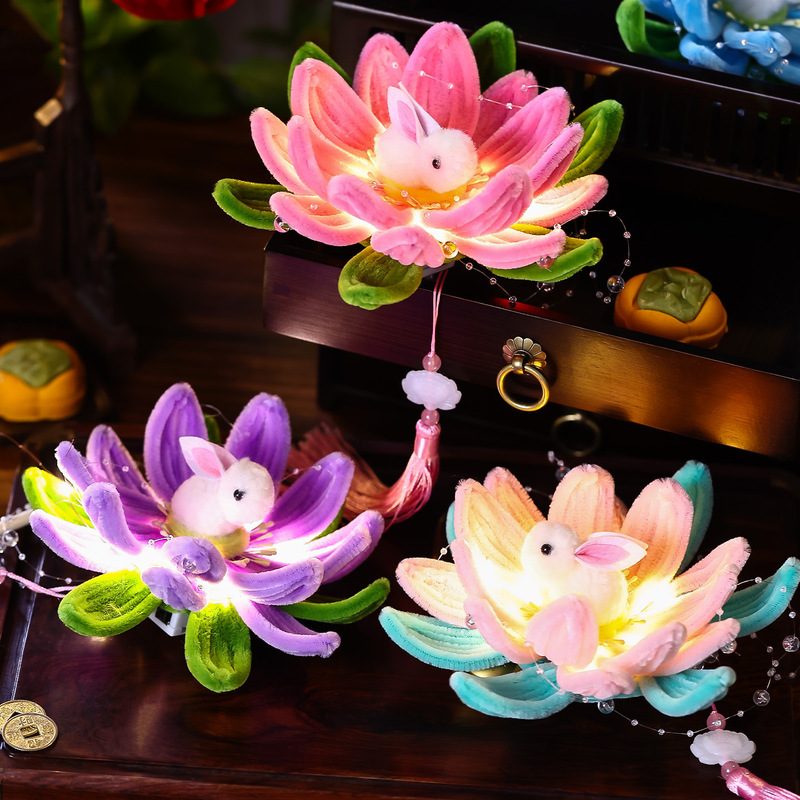 中秋节莲花灯笼 新款幼儿园儿童手工diy材料包扭扭棒兔子宫灯|undefined