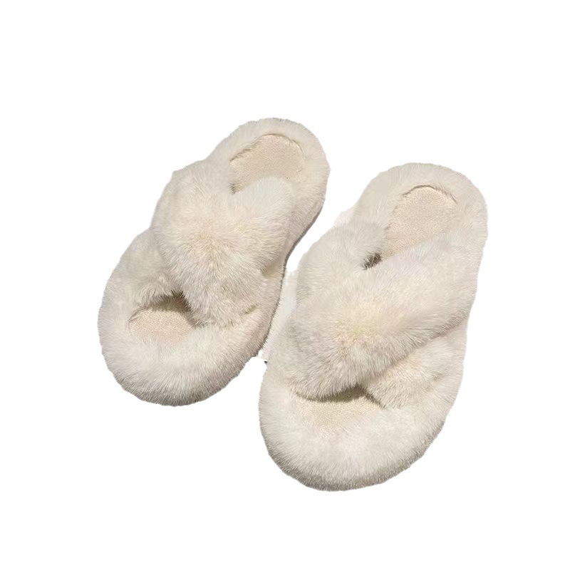 2025 nueva zapatillas de lana cruzada de otoño y invierno para usar muffins con una base gruesa y alta, zapatillas de lana suave domésticas para mujeres