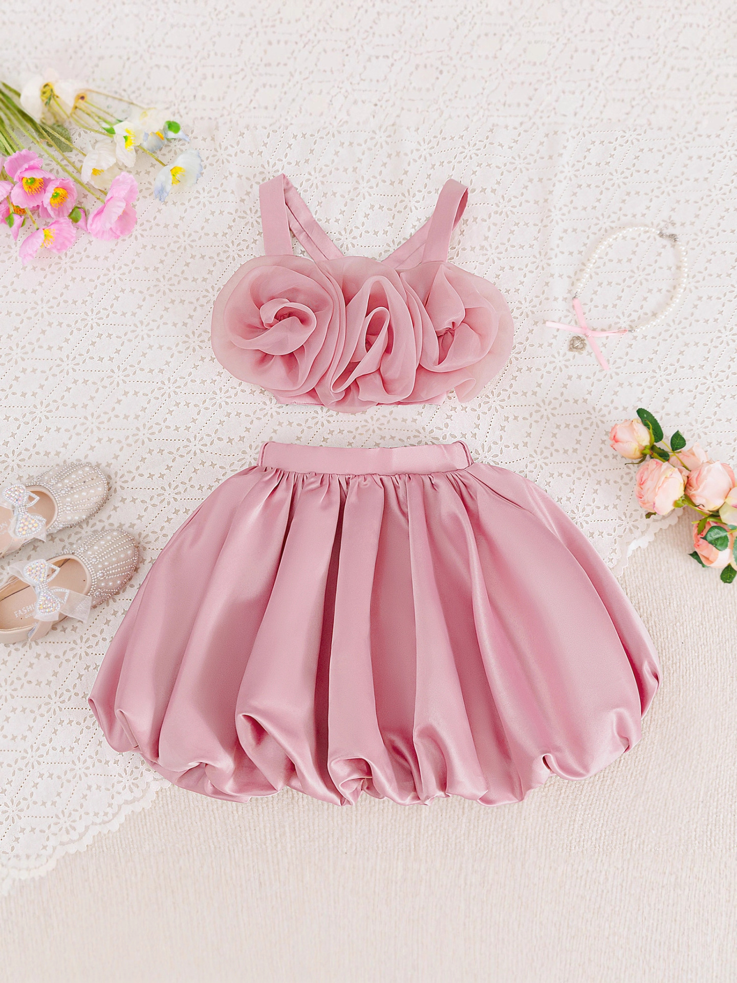 2026 vestidos de niñas dos piezas con flores estereoscópicas floral floreciente vestido de noche de primavera vestido de princesa