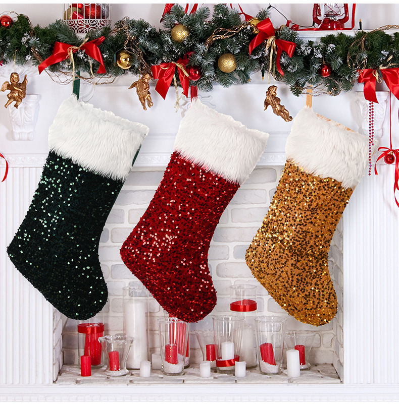 Christmas Decoration Supplies Sequin Christmas Stocking High-end Plush Christmas Stocking Red Sequin Gift Stocking_voghion.com