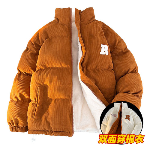 Double-sided sheep's wool cotton coat for men, winter corduroy cotton jacket with extra lining and thickness, sheep's wool warm cotton robe outerwear, trendy