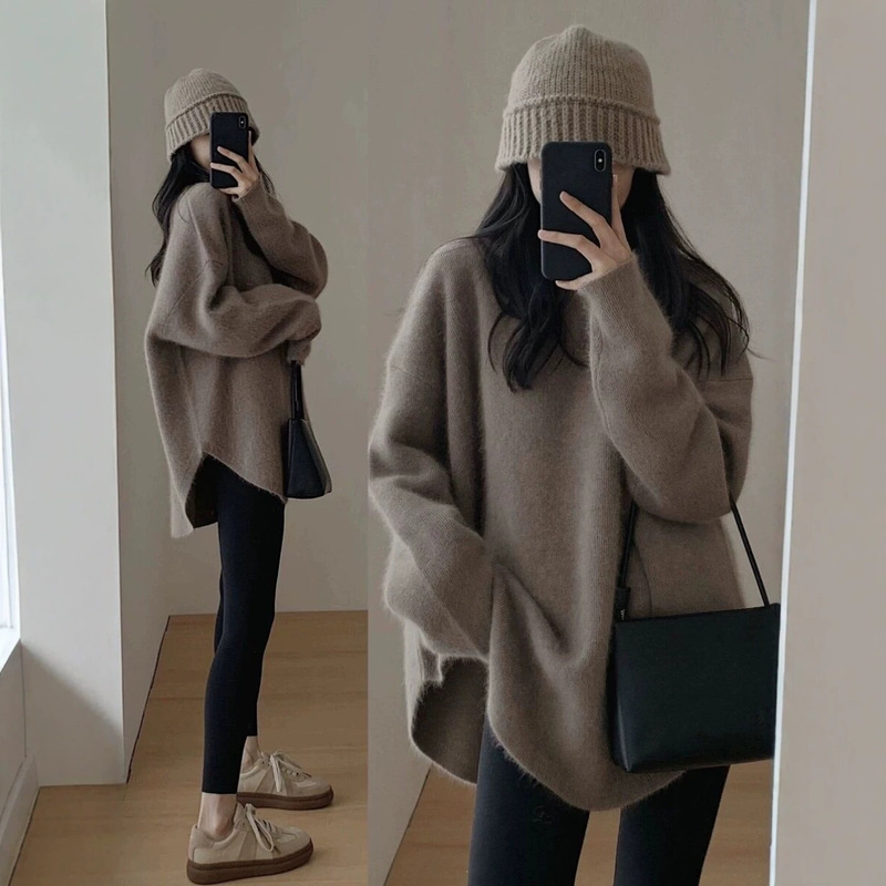 Women's raccoon fur sweater for autumn and winter, mid-length, Japanese-style, casual retro style, slit pullover, thickened, suitable for outerwear