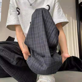 格子冰丝裤女夏季薄款高腰显瘦垂感阔腿裤宽松直筒休闲