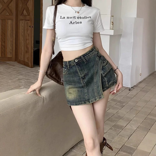 Summer niche pants retro denim short A-line skirt for women with high waist, irregular cut, side seam to prevent exposure