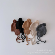 韩国儿童可爱球球毛线护耳帽子秋冬纯色男女童手工保暖系带针织帽