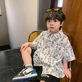 男童夏装新款韩版衬衫短袖潮酷痞帅男孩宝宝夏季儿童童装薄款2026