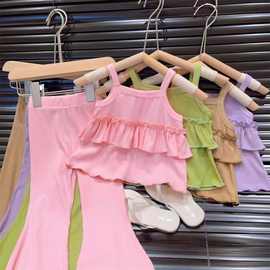 夏季新款吊带套装跨境东南亚女童冰丝吊带裙上衣喇叭九分裤两件套