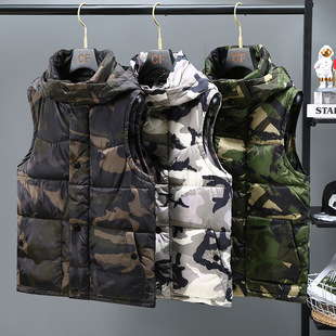 Camouflage Vest Men's Coat Korean Style Handsome Autumn and Winter Down Cotton Vest Vest Young People's Hat Warm Waistcoat Fashionable