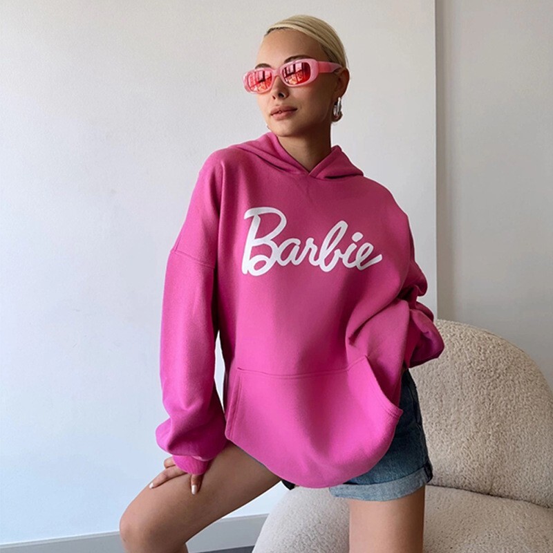Hot-selling women's drop-shoulder hooded sweatshirt with Barbie letter print, loose and casual long-sleeve top, in stock Hot-selling women's drop-shoulder hooded sweatshirt with Barbie letter print, loose and casual long-sleeve top, in stock