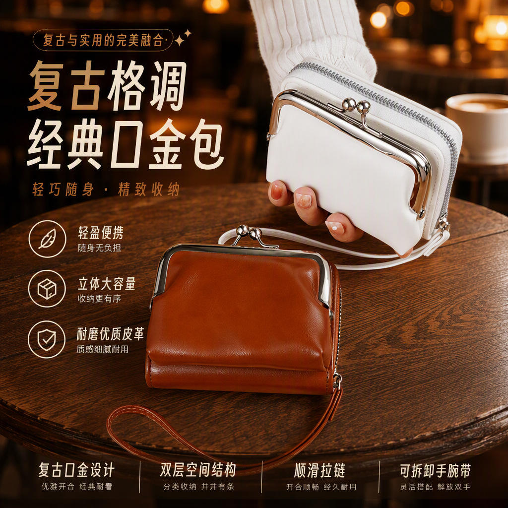 In-stock supply from factory, cross-border goods, women's buckle coin purse 4inch zipper clip bag, clutch bag, vintage bag