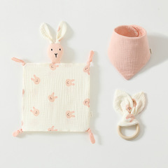 Pure Cotton Gauze Baby Safe-to-Bite Sleep-Inducing Doll 3-Piece Set: Little Rabbit Comforting Towel, 6-Layer Triangle Scarf, Wooden-Ringed Rabbit Toy