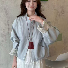 欧货条纹拼接袖立领短外套女2025开春女装小个子休闲时尚减龄上衣