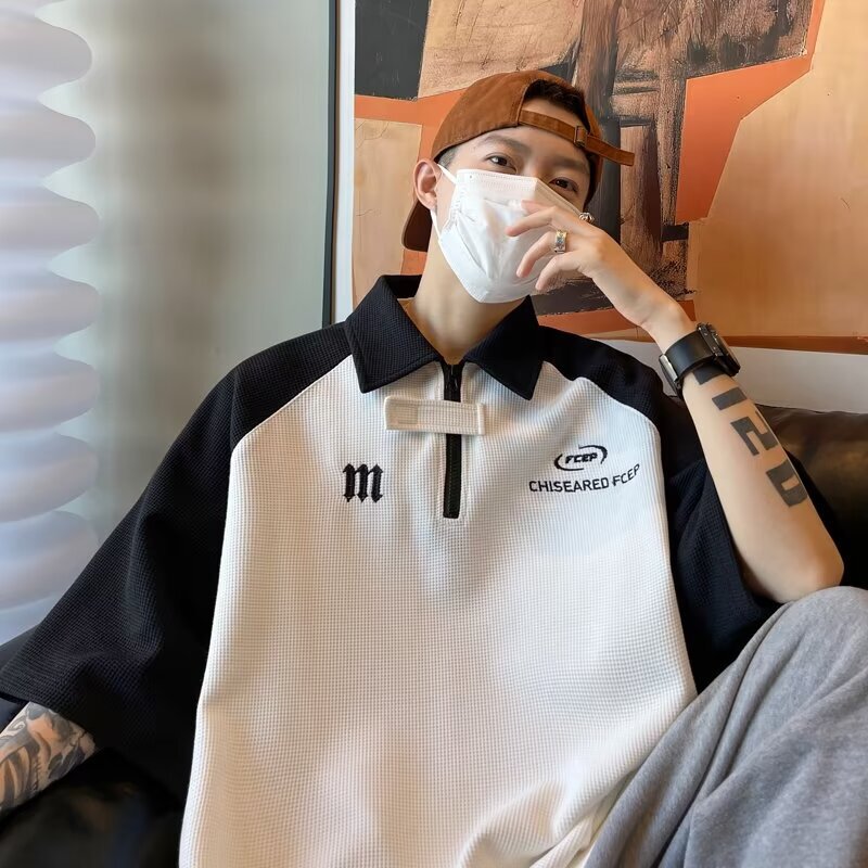 Men's 2023 Zipper Waffle New Polo Shirt Patchwork Fashionable Polo Shirt Lazy Trendy Style for Summer