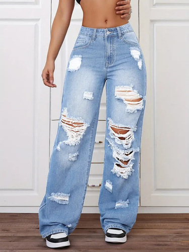 American and European ripped denim high-waisted straight-leg versatile loose jeans for women