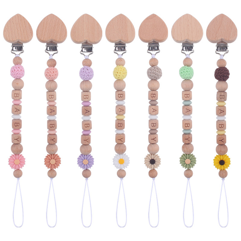 Nuevo bebé haya melocotón corazón calmante bebé DIY dibujos animados Margarita cuentas de silicona mordedura pezón cadena