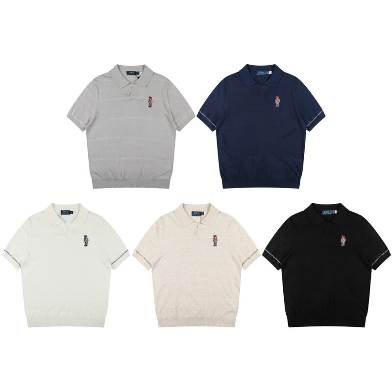 Scan the Qr Code~ High-Quality Classic Ralph Lauren Basic Bear Embroidery V-Neck Unisex Tencel Linen Knit Short-Sleeve Shirt