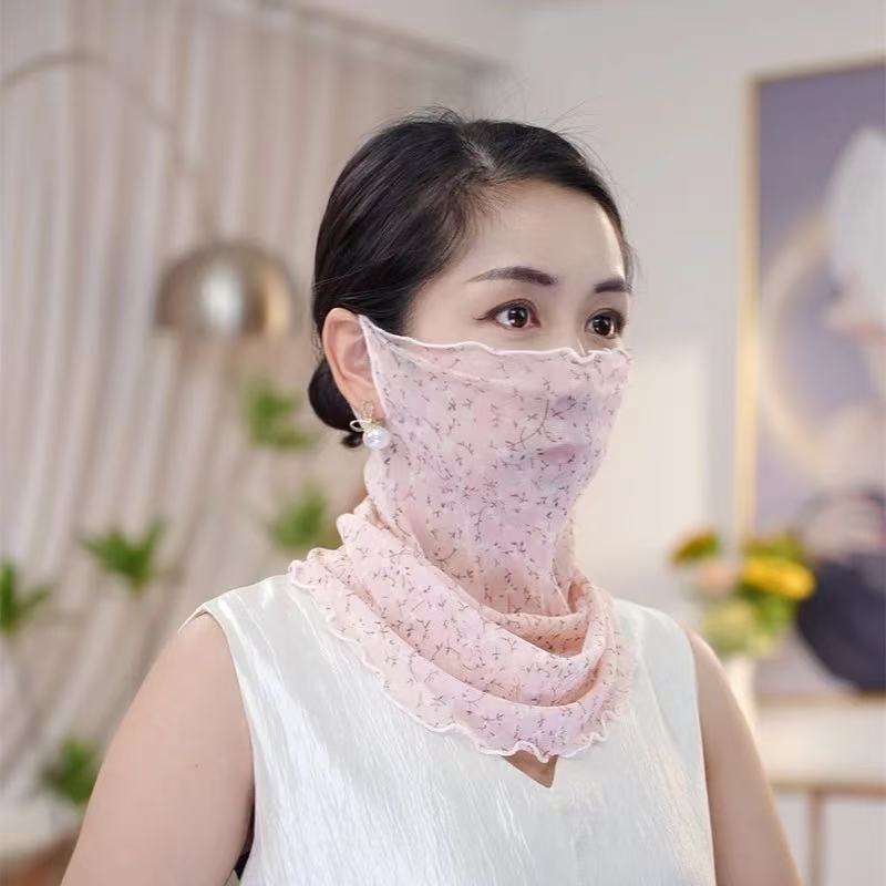 Primavera y verano de encaje velo protector solar protector facial de mujer cuello colgante máscara de orejas máscara respirada bufandas de seda protector solar UV