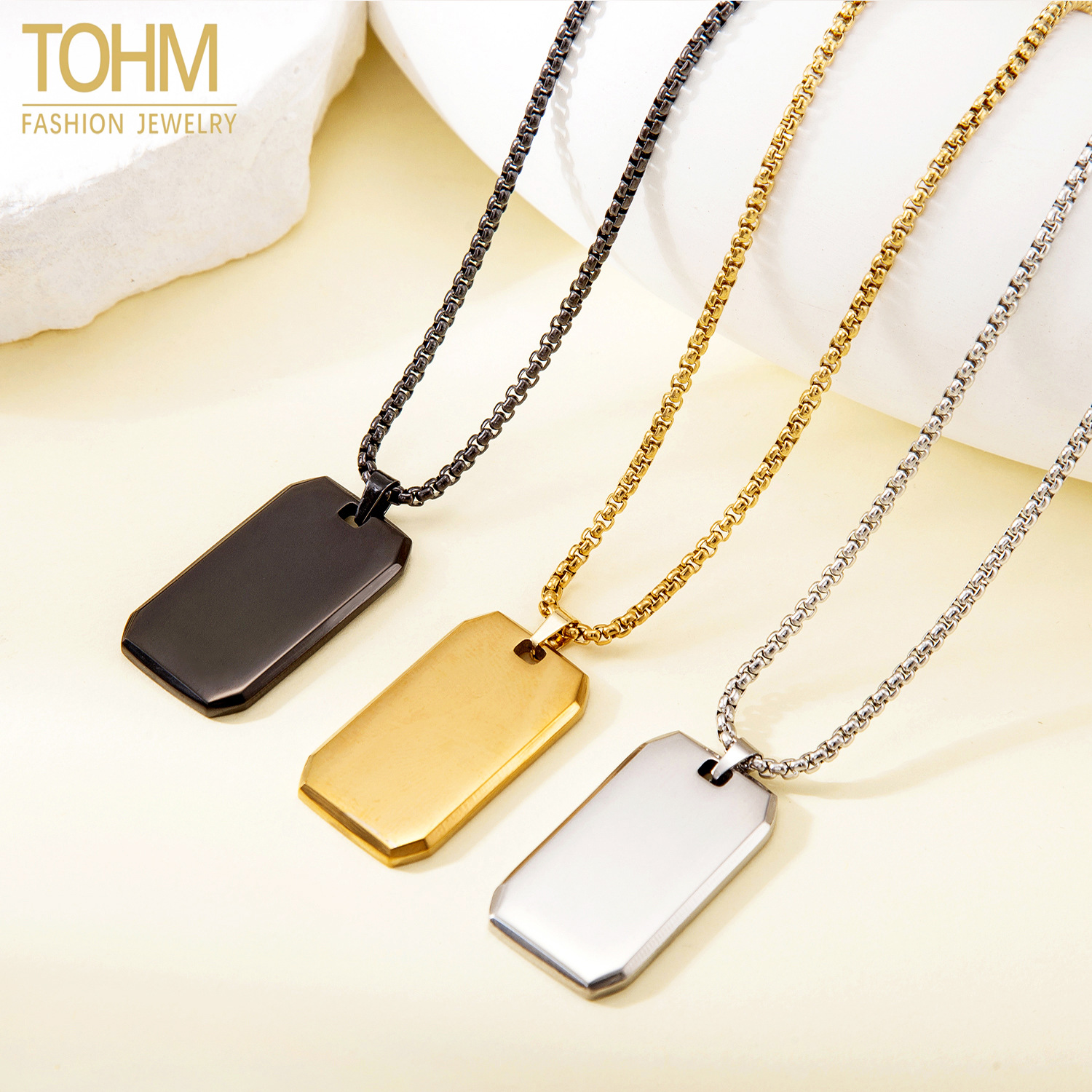 TOHM Cross-border Hot Sale Stainless Steel Gloomized Angled Military Card ID Card Pendant Men's Titanium Steel Electroplated Hip-hop Necklace