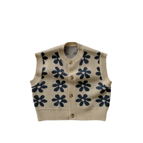 MtinyQueen 2024 Spring and Autumn New Children's Vest Retro Flower Knitted Jacket Korean Style Sweater