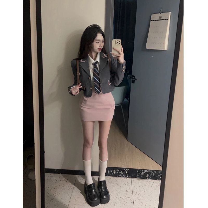 三件套女秋冬季新款韩系学院风短款西装外套衬衫高腰包臀短裙