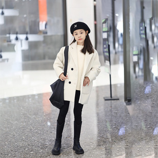 Girls' Coat Spring and Autumn Solid Color Cardigan Parent-Child Style Double-Sided Woolen Coat Korean Style Medium and Large Children's Short Trench Coat Trendy Style