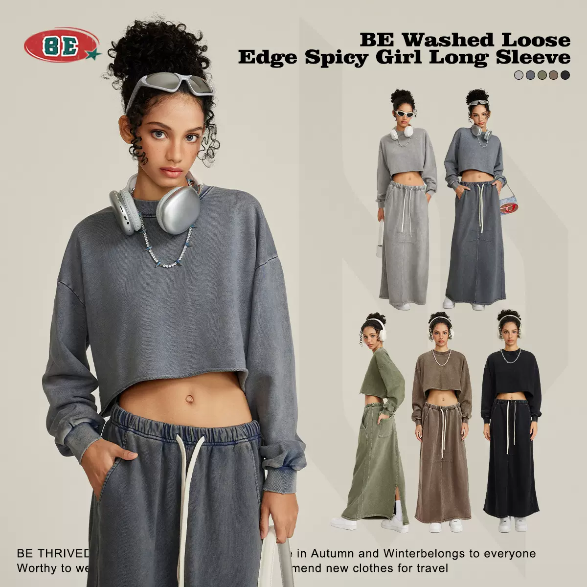 BE女装|2025秋冬圆领水洗散边短款辣妹长袖T恤复古街头潮牌上衣女