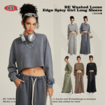 BE女装|2025秋冬圆领水洗散边短款辣妹长袖T恤复古街头潮牌上衣女