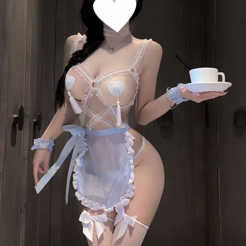 Sea Salt Mint Night Sexy Cute Maid Suspender See-Through Pure Desire Lingerie No-Take-Off Sleepwear Qqny Temptation Set