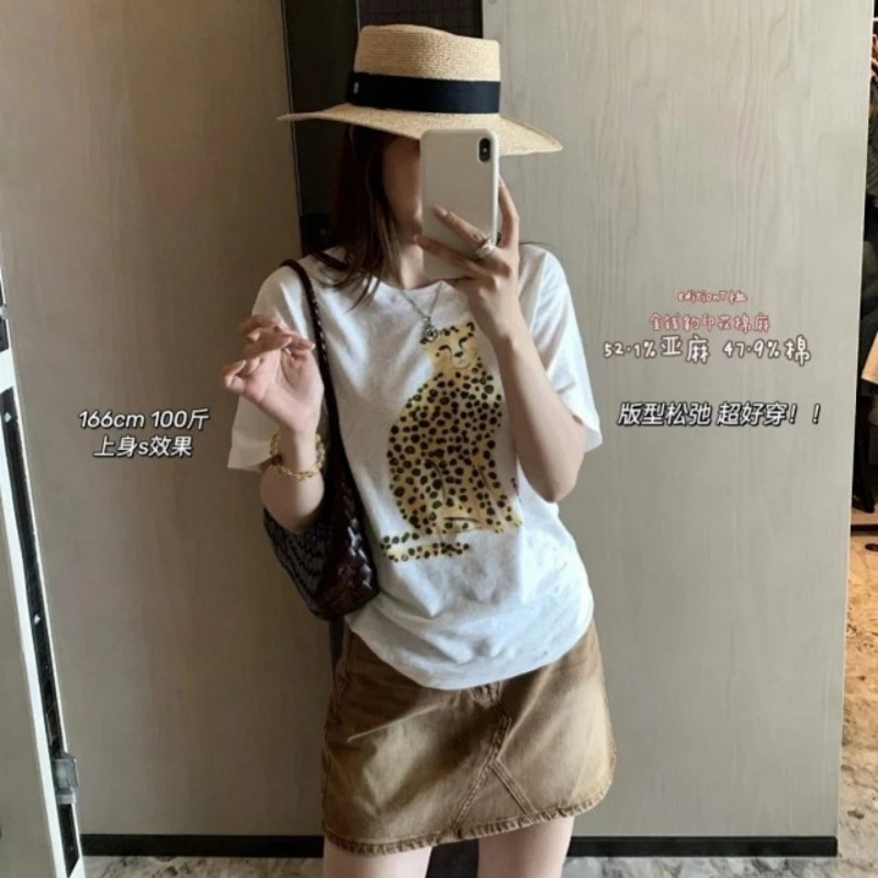 edl同款女式短袖2025夏季新款包子印花棉麻圆领宽松百搭休闲短袖|undefined